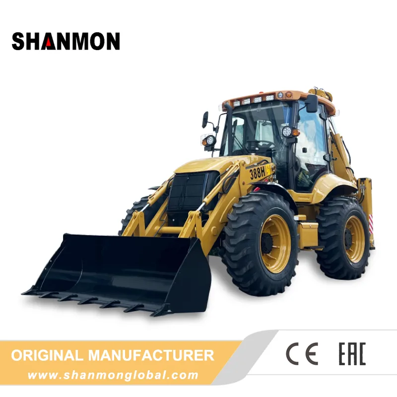 Shanmon 388H CE backhoe loader, left front view